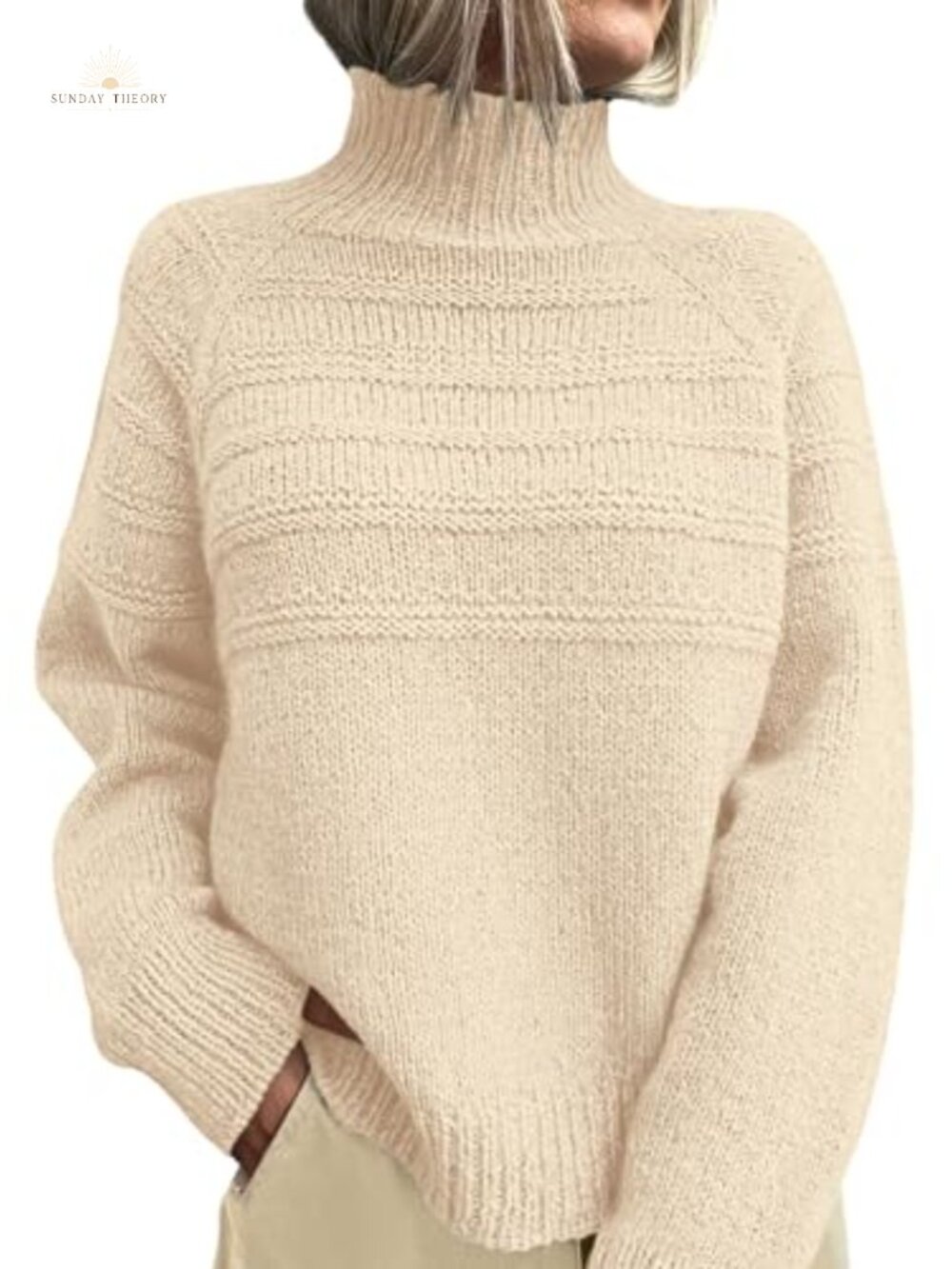 Chunky Knit Mock Neck Pullover Sweater Relaxed Fit Long Sleeve